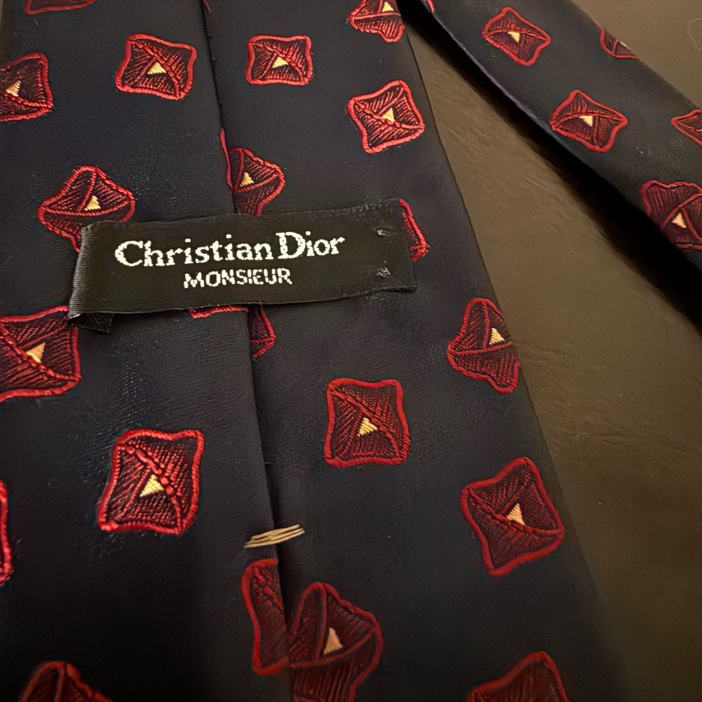 Christian Dior Monsieur Silk Tie | Navy Blue Red Geometric Pattern Designer - Picture 3 of 3